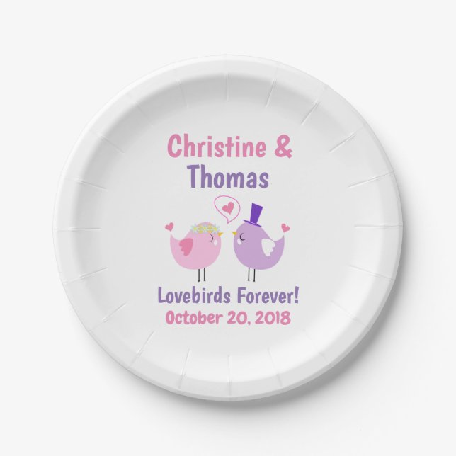 Assiettes En Carton Lovebirds mariage mignon rose violet (Devant)