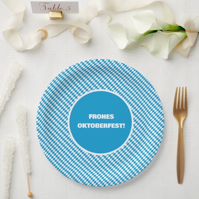 Assiettes En Carton Lozenge Diamant bleu et blanc Motif Oktoberfest (Mariage)