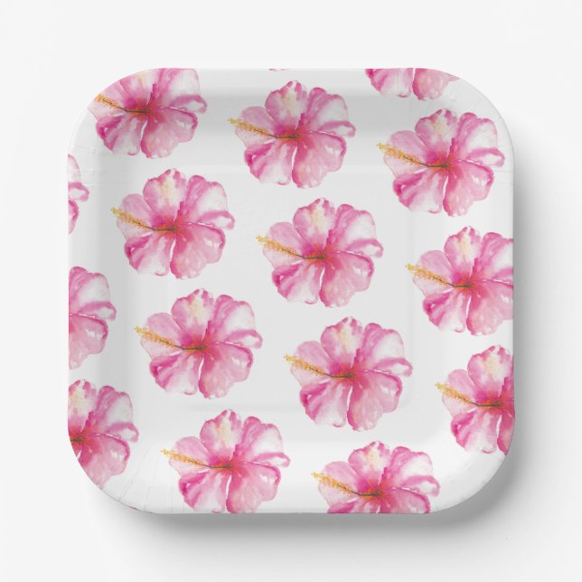 Assiettes En Carton Luau Party Hibiscus rose Fleurs Plaques en papier (Recto)