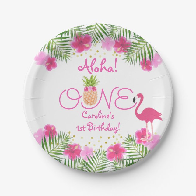 Assiettes En Carton Luau Tropical Floral Girl 1er anniversaire (Devant)