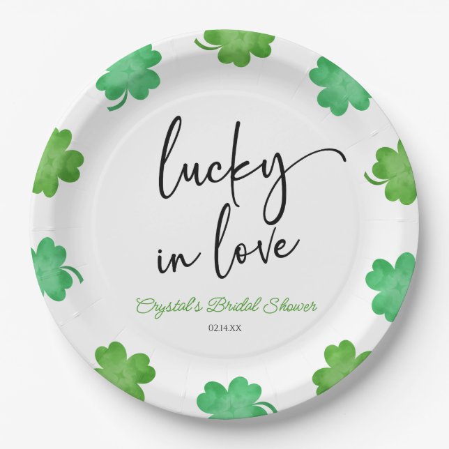 Assiettes En Carton Lucky In Love Green Shamrock Clovers Fête des mari (Devant)