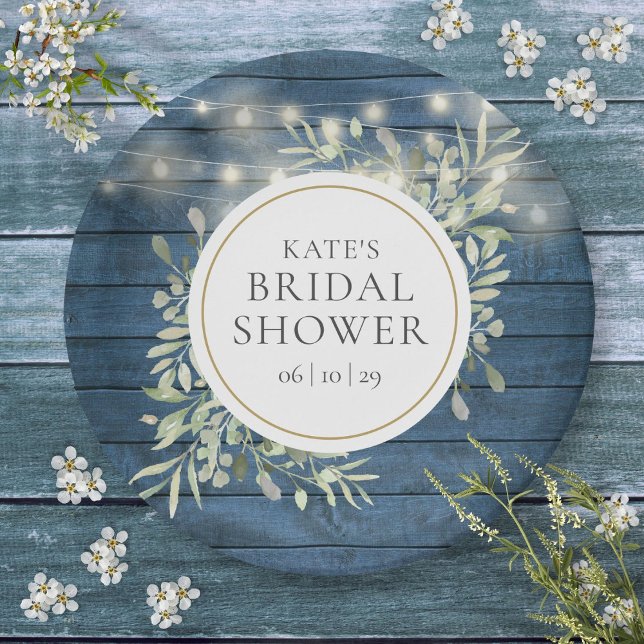 Assiettes En Carton Lumières de Chaîne Rustiques Réception de Mariage  (Rustic String Lights Greenery Bridal Shower Paper Plates)