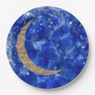Assiettes En Carton Lune Étoiles Bronze Or Bleu Fantaisiste pour une B