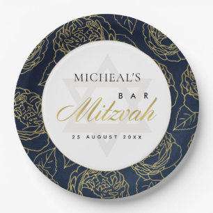 ASSIETTES EN CARTON LUX GOLD NAVY BLUE ROSE FLORAL BAR BAT MITZVAH