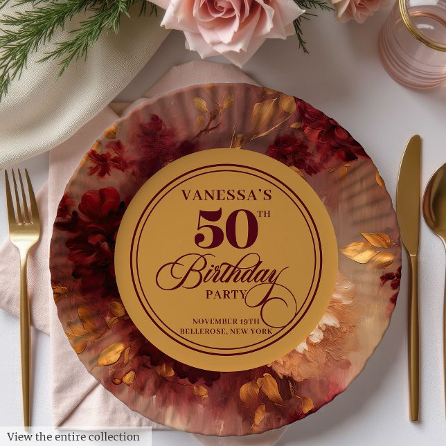 Assiettes En Carton Luxe Marsala Blush Gold Floral 50e anniversaire (Luxury Marsala Blush Gold Floral 50th Birthday Paper Plates)