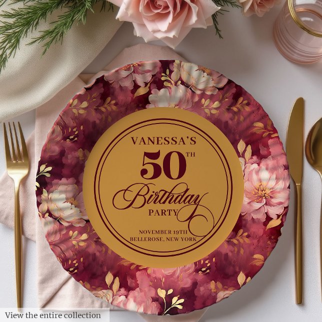 Assiettes En Carton Luxe Marsala Blush Gold Floral 50e anniversaire (Luxury Marsala Blush Gold Floral 50th Birthday Paper Plates )