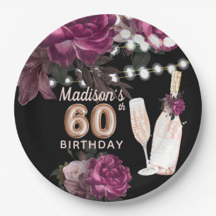 Assiettes En Carton Luxe Personnalisé 60e Anniversaire Vin Rose