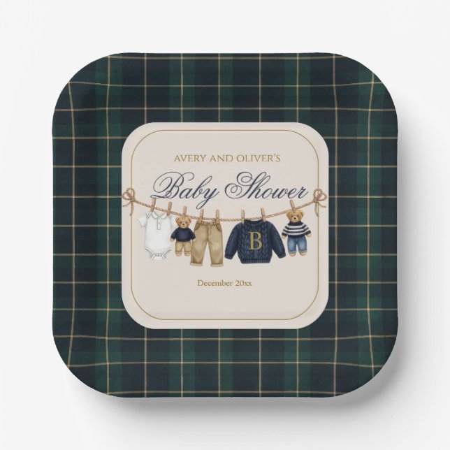 Assiettes En Carton Luxsary Teddy Bear Plaid Baby Shower Paper Plate (Recto)