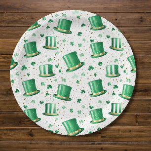 Assiettes En Carton Luxueux Chapeaux et Trèfles Verts Or Blanc