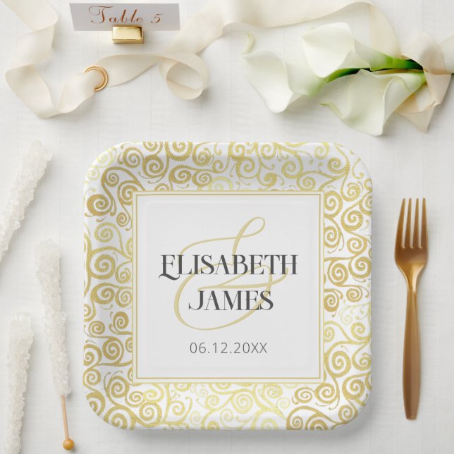 Assiettes En Carton Luxueux Chic Hiver Blanc Et Or Mariage (Mariage)
