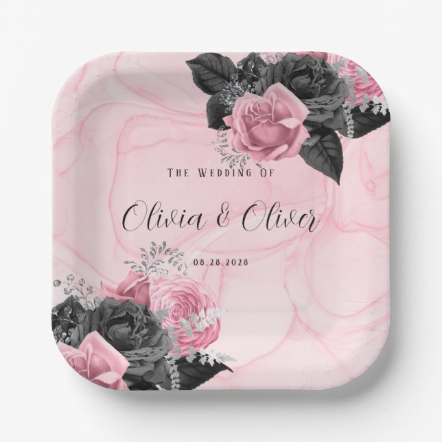 Assiettes En Carton Luxueux Mariage d'encre rose et noire (Recto)