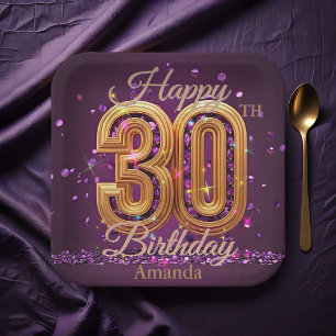 Assiettes En Carton Luxueux violet et pierre à gemmes d'or 30e anniver