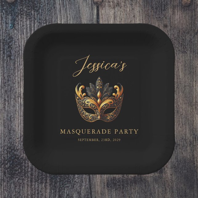 Assiettes En Carton Luxury Black Gold Mask Theme Party (Créateur téléchargé)