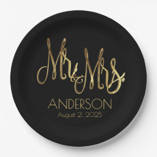 Assiettes En Carton M. et Mme Black and Gold Elegant Ajouter Nom Date
