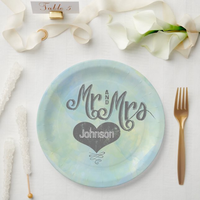 Assiettes En Carton M. et Mme Blue Green Watercolor Style (Mariage)