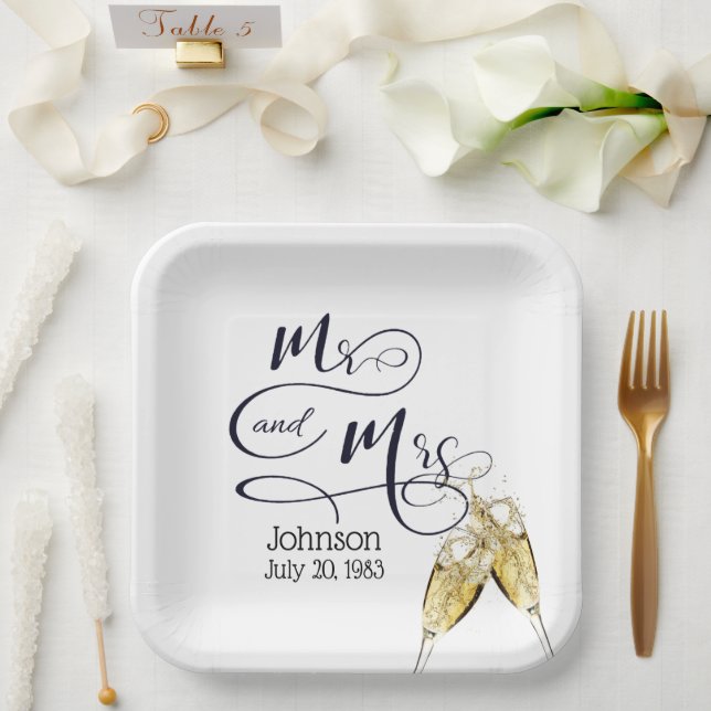 Assiettes En Carton M. & Mme Anniversaire Toast Champagne (Mariage)