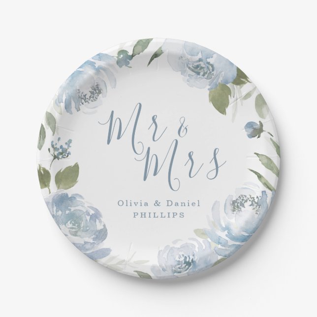 Assiettes En Carton M. & Mme dusty bleu aquarelle mariage floral (Devant)