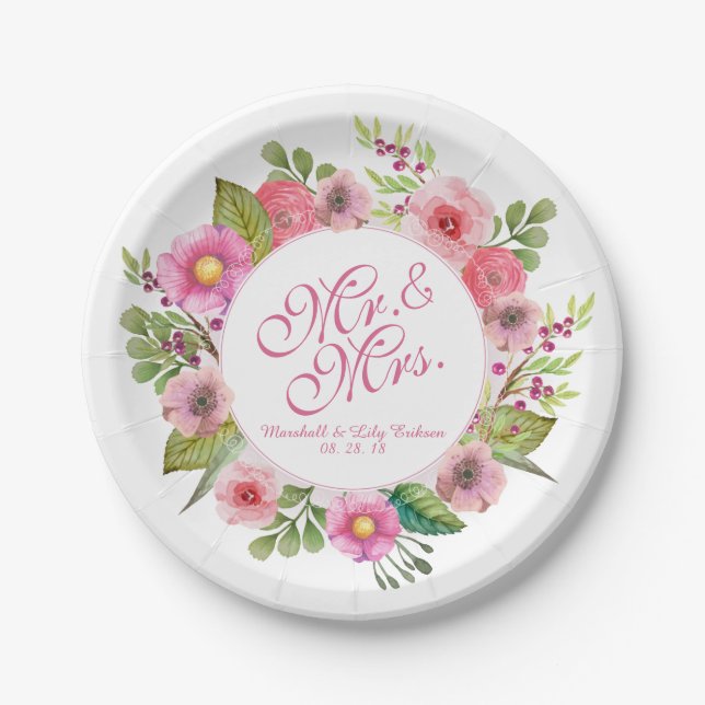 Assiettes En Carton M. & Mme Elegant Floral Mariage | Plaque de papier (Devant)