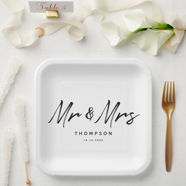 Assiettes En Carton M. & Mme Modern Black White Script Mariage (Mariage)