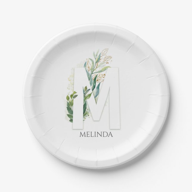 Assiettes En Carton M Monogramme Or Feuilles De Verdure Élégant (Devant)