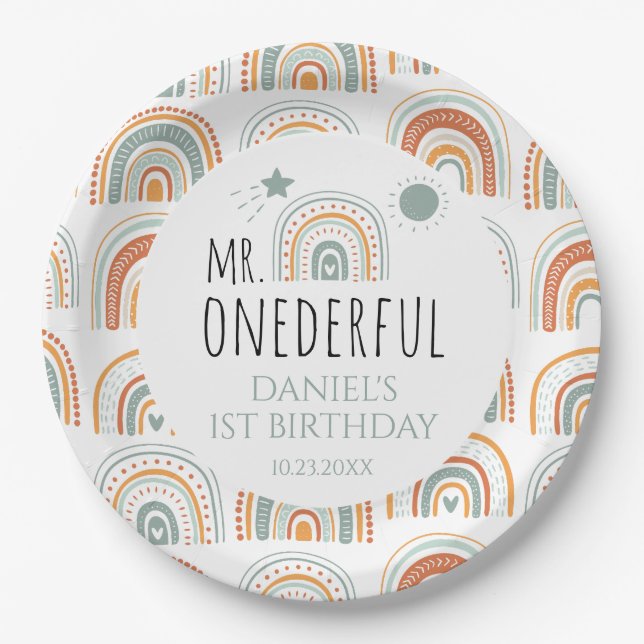 Assiettes En Carton M. Onederful Boho Arc-en-ciel Premier anniversaire (Devant)