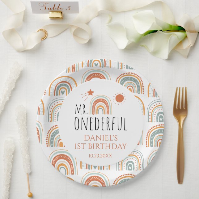 Assiettes En Carton M. Onederful Boho Arc-en-ciel Premier anniversaire (Mariage)