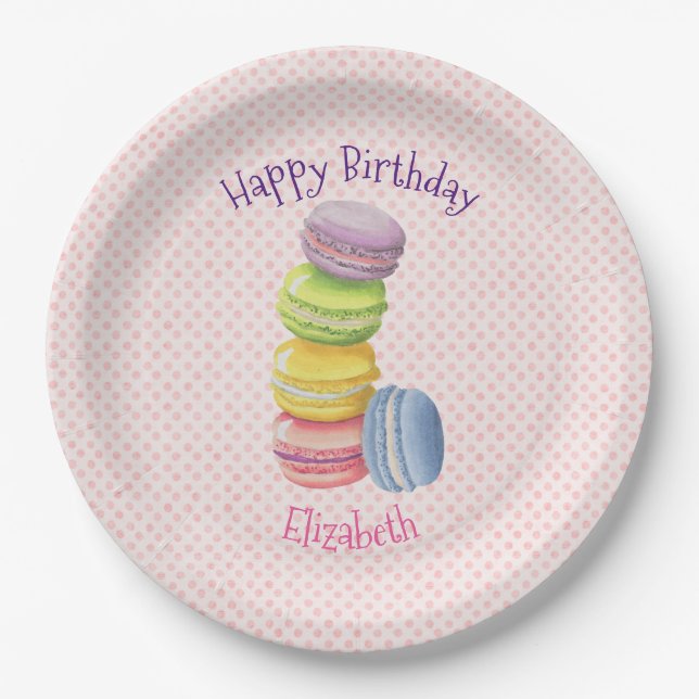Assiettes En Carton Macarons Français Pâtisserie Pois Joyeux Anniversa (Devant)