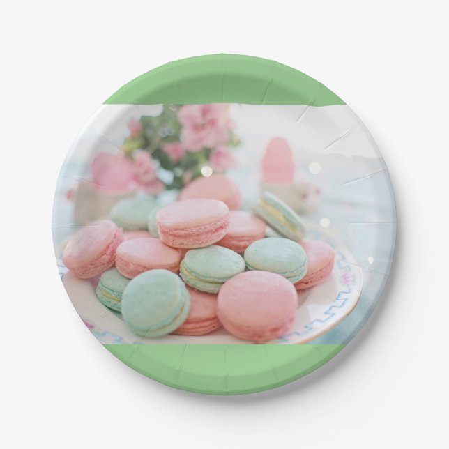 Assiettes En Carton Macarons verts et roses (Devant)