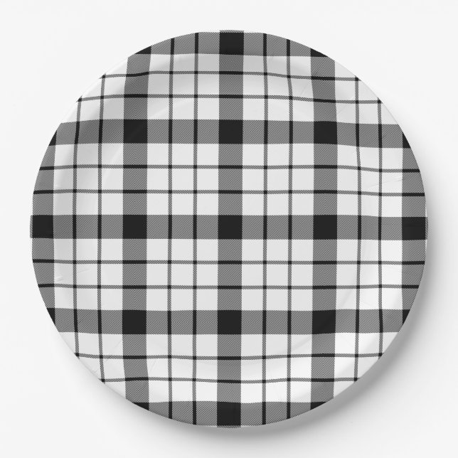 Assiettes En Carton MacFarlane tartan noir blanc plaid (Devant)