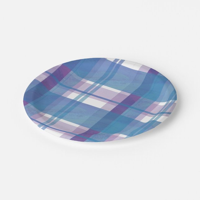 Assiettes En Carton Madras Plaid Blue et Purple (Angle)