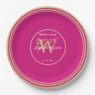 Assiettes En Carton Magenta moderne + Monogramme Or Mariage chic