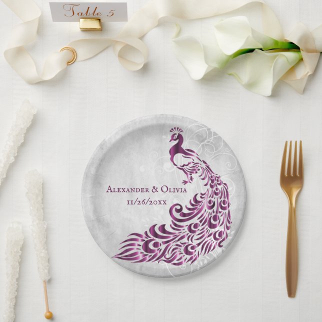 Assiettes En Carton Magenta Peacock Feuilles Vin Mariage Plaque papier (Mariage)