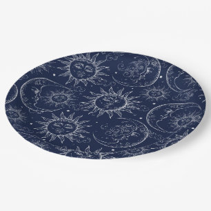 Assiettes En Carton Magie Bleue Vintage Ciel Soleil Lune Étoiles