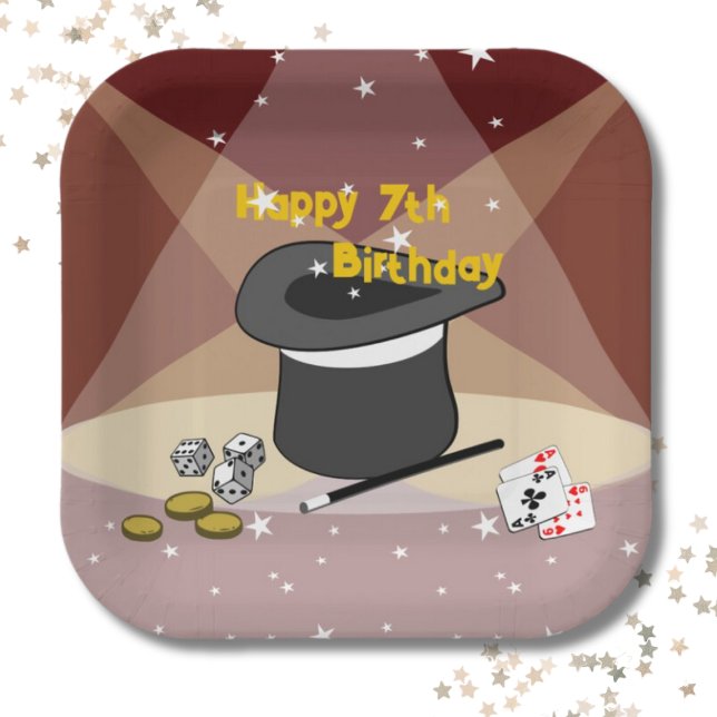 Assiettes En Carton Magie Show Joyeux 7e anniversaire Carré de la fête (Magical Show Happy 7th Birthday Kids Party Square Paper Plates)