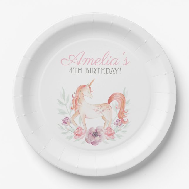 Assiettes En Carton Magique Unicorn Flower wreath fête d'anniversaire (Devant)