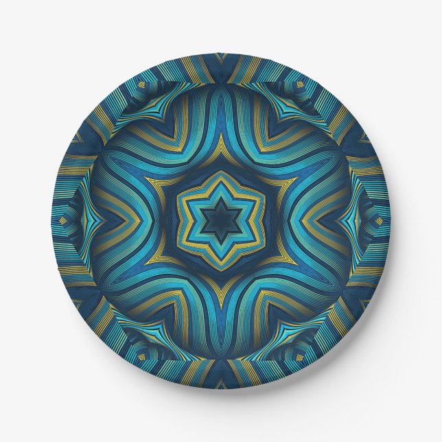 Assiettes En Carton Magnifique Mandala Art bleu et jaune Abstrait (Devant)
