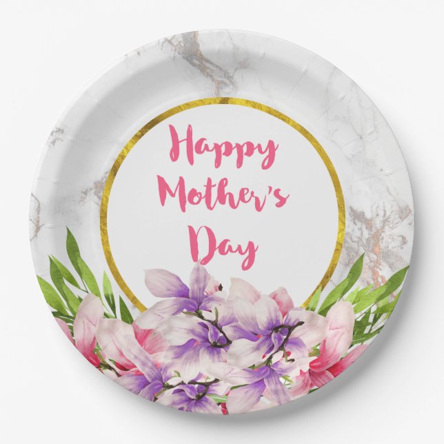 Assiettes En Carton Magnolias d'aquarelle rose et violet de la Fête de (Devant)