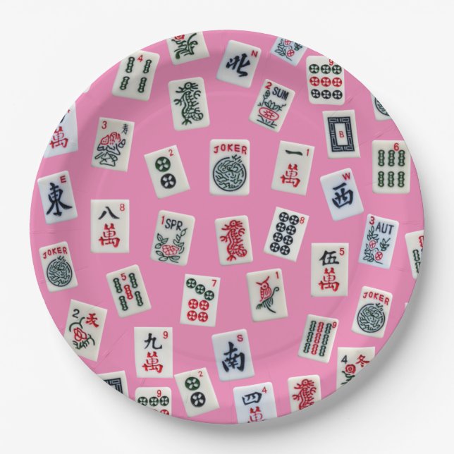 Assiettes En Carton MahJong carreaux symboles sur rose (Devant)