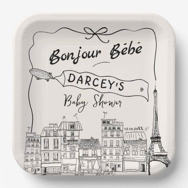 Assiettes En Carton Main Drawn Bonjour Bebe Baby shower français (Recto)