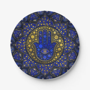 Assiettes En Carton Main Hamsa - Main de Fatima Dot Art Lapis Lazuli