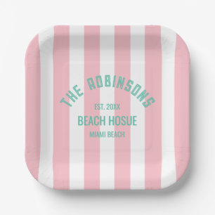 Assiettes En Carton Maison de plage Nom personnalisé Pink Cabana Strip
