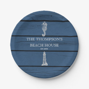 Assiettes En Carton Maison de plage Rustique Blue Wood Seahorse Lighth