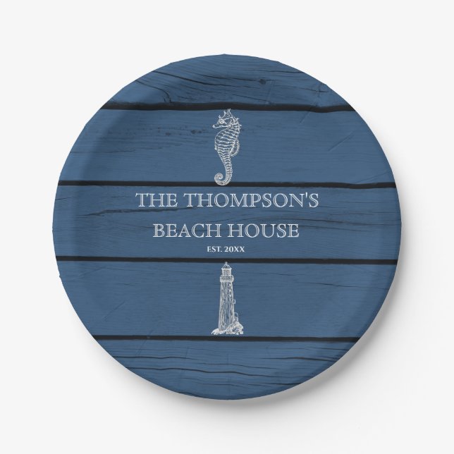 Assiettes En Carton Maison de plage Rustique Blue Wood Seahorse Lighth (Devant)