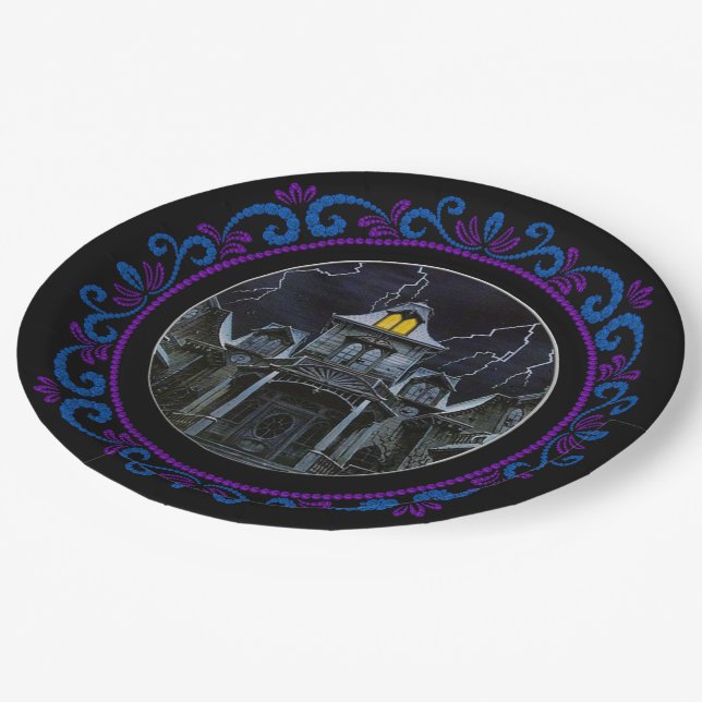 Assiettes En Carton Maison Halloween bleu violet hantée (Angle)