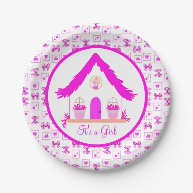 Assiettes En Carton Maison rose personnalisée C'est une fille (Devant)