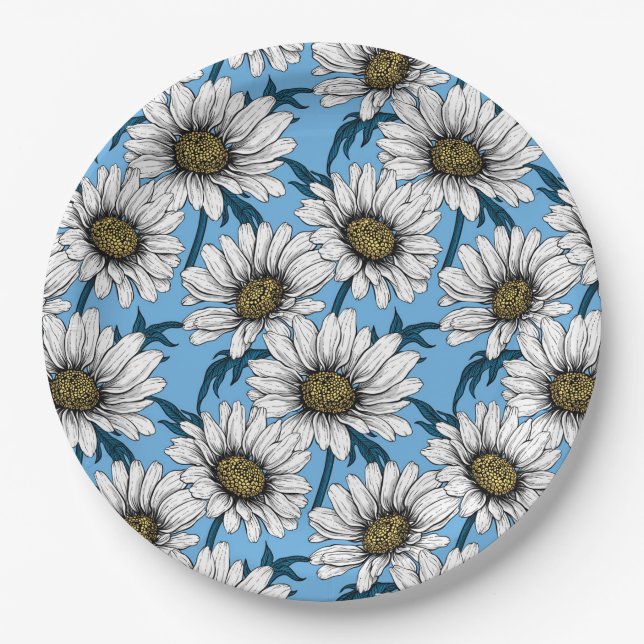 Assiettes En Carton Maisonnettes, fleurs sauvages sur bleu (Devant)