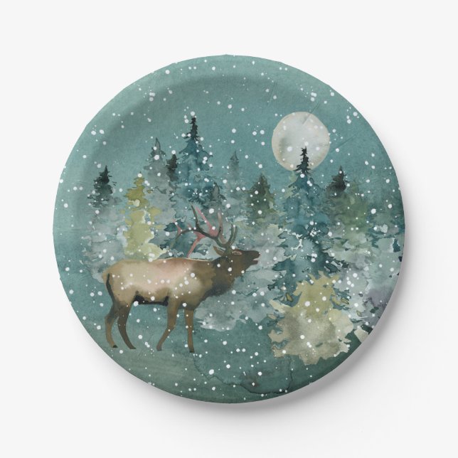 Assiettes En Carton Majestic Elk en Forêt Pleine lune neige vacances (Devant)