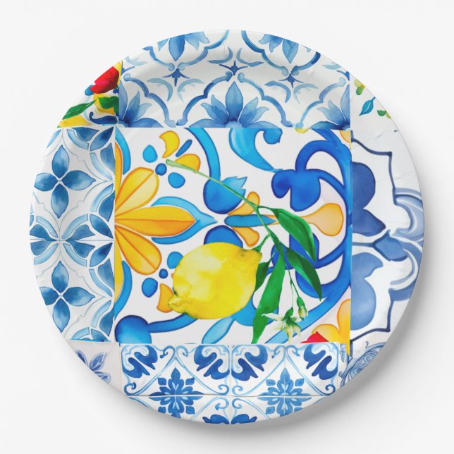 Assiettes En Carton Majolica, citron, carreaux siciliens, (Devant)