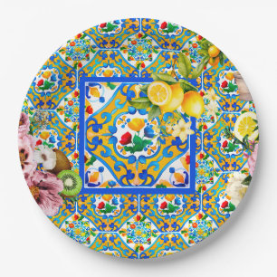 Assiettes En Carton Majolica, citron, carreaux siciliens,