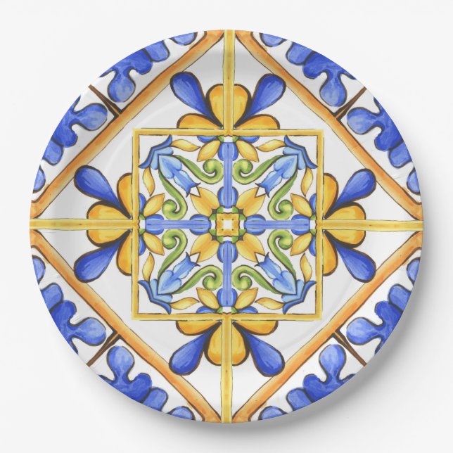 Assiettes En Carton Majolica, tuiles méditerranéennes, (Devant)